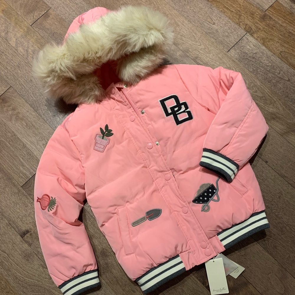 Dave Bella pink puffy jacket with cute patterns and warm hat